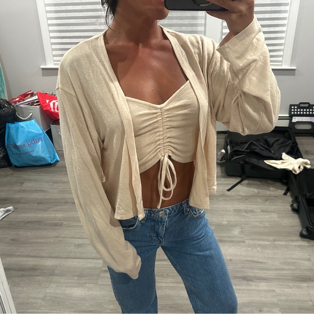 Nikkis Beach House Cream Ruched Crop Top and Cardigan Set